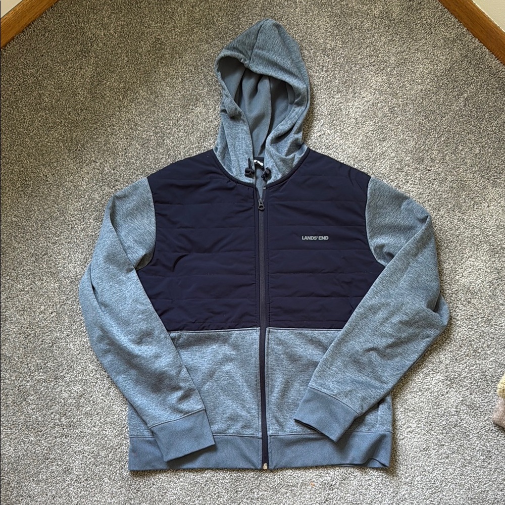 Lands' End Men's Hybrid Softshell Fleece Jacket With Hood, Blue, Size M